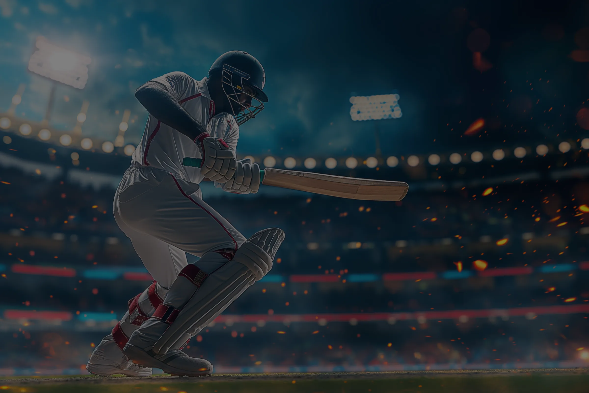 Floodlit stadium at night with a batsman shaping to drive